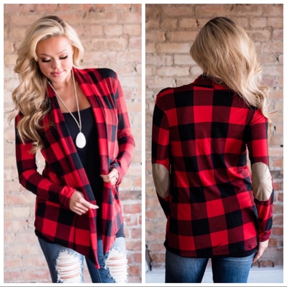 “THE JENNY” BUFFALO PLAID PATCH ELBOW CARDIGAN - Picture 2 of 3